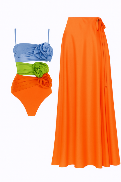 Stylish  orange swimwear with silk skirt