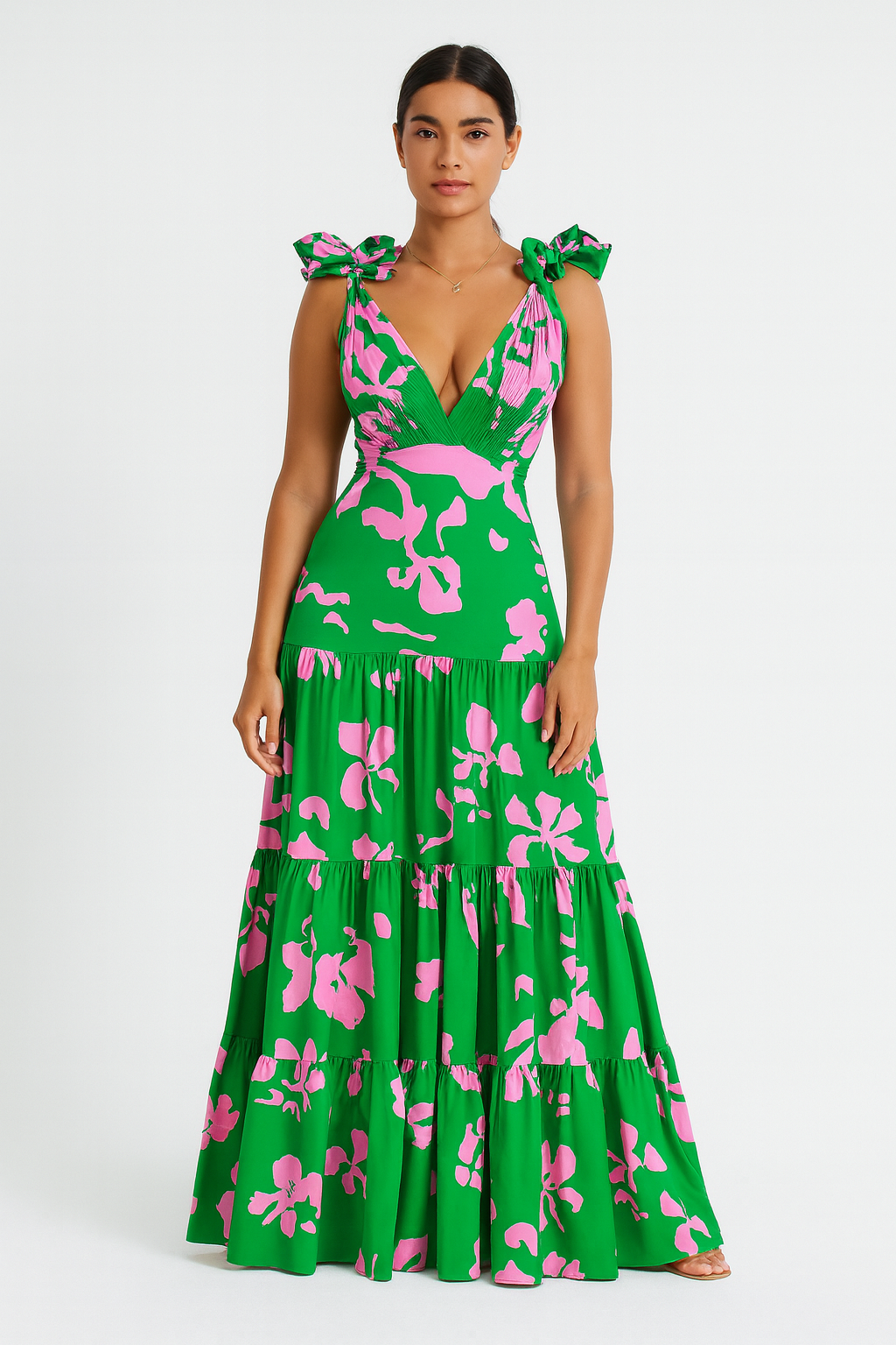 V neck ruffed swimming suit with skirt