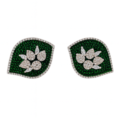 Green leave style stud earring with green tourmaline