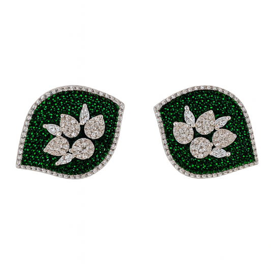 Green leave style stud earring with green tourmaline