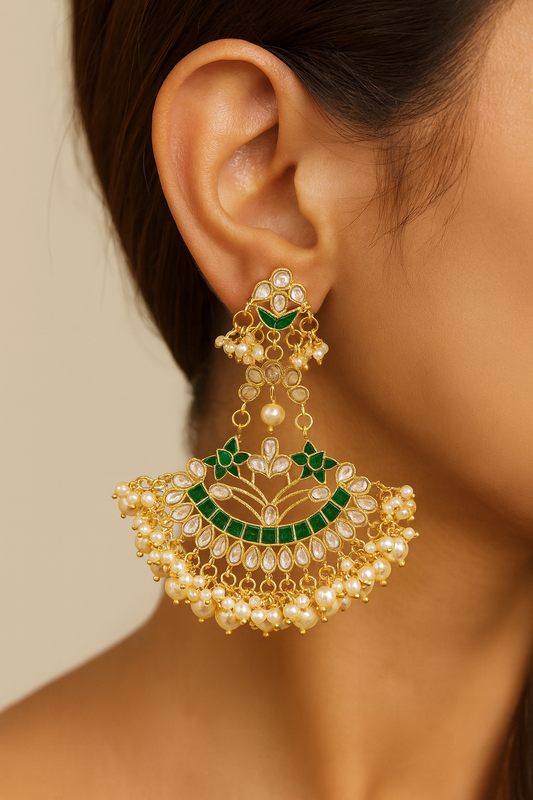 Golden green jhumki with pearls