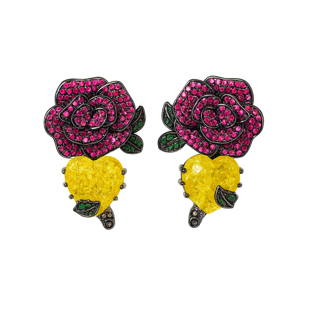 Luxury Cubic Zirconia Pink Rose Flower & Yellow Heart Leaf Dangle Earring