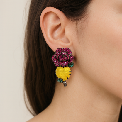 Luxury Cubic Zirconia Pink Rose Flower & Yellow Heart Leaf Dangle Earring