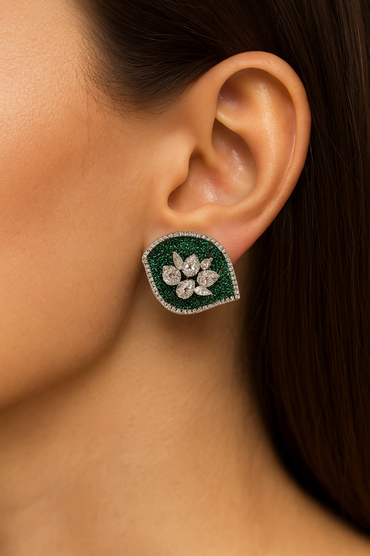 Green leave style stud earring with green tourmaline