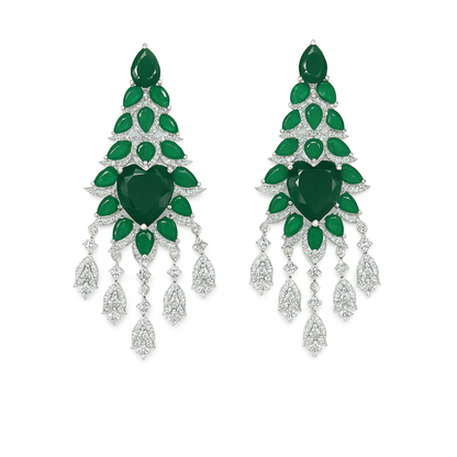 Luxury style green zirconia silver plated tassel earring