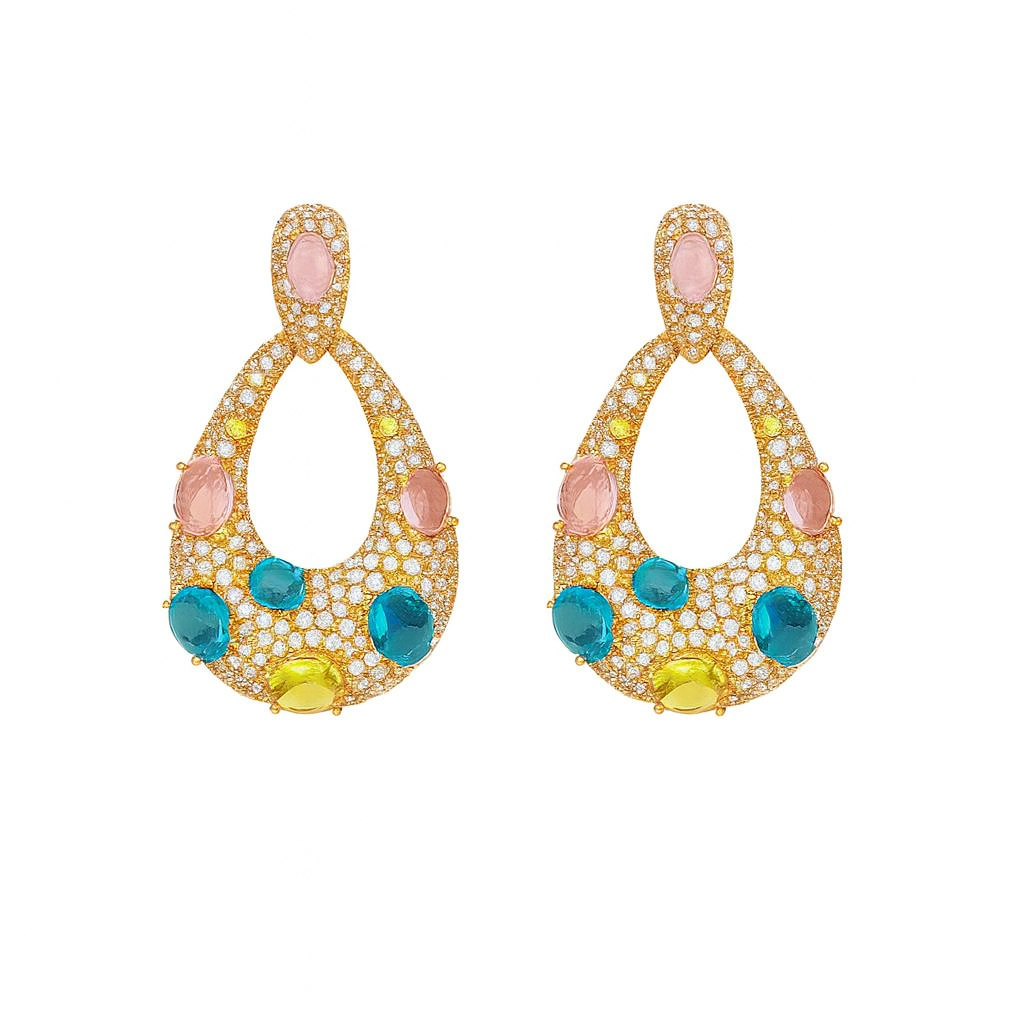 Multi colour zirconia large shining water drop long dangle earring for women