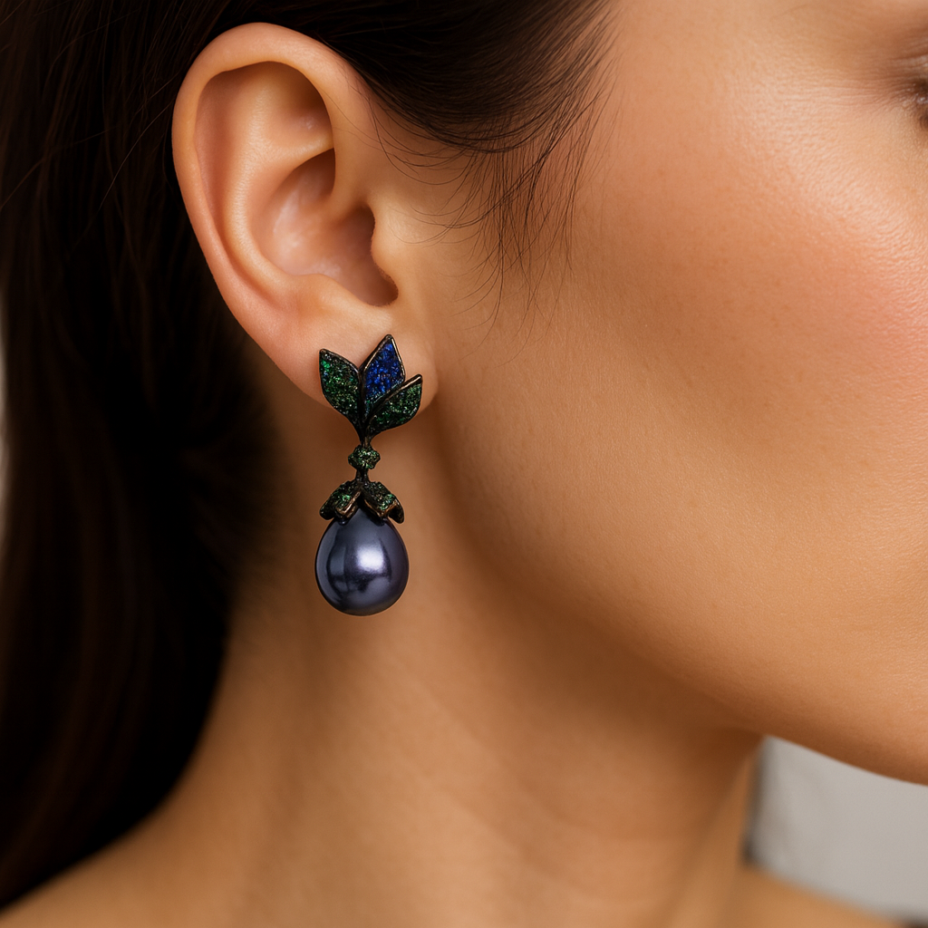 Leaf Style Green Clour Cubic Diamonds With Blue Pearl Dangle Earring