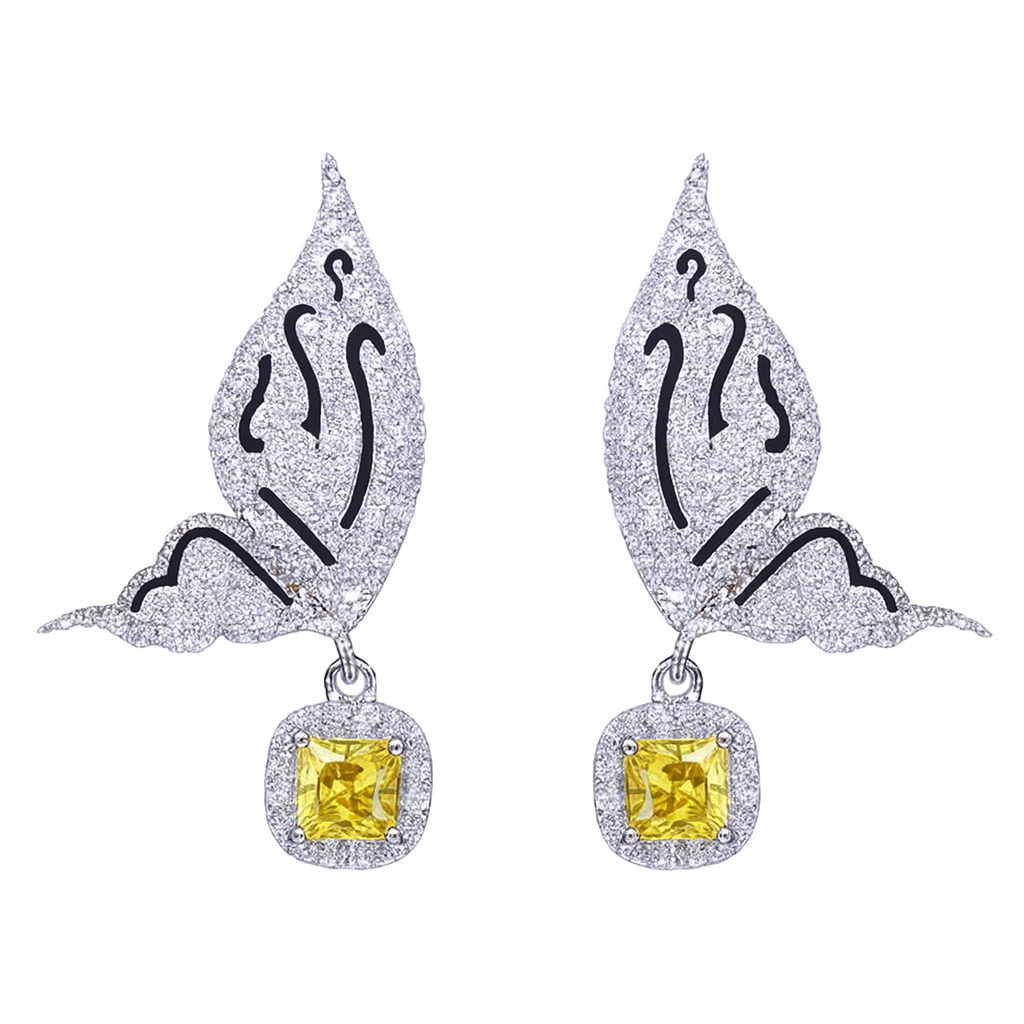 New trendy dangling silver plated Cute Flying Butterfly Shaped with yellow stone drop earring