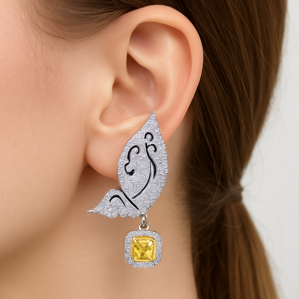 New trendy dangling silver plated Cute Flying Butterfly Shaped with yellow stone drop earring