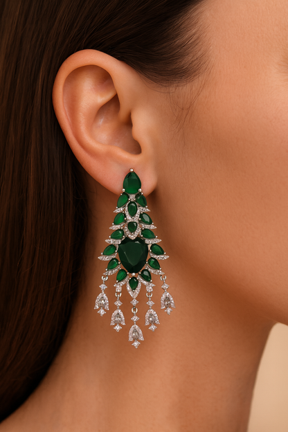 Luxury style green zirconia silver plated tassel earring