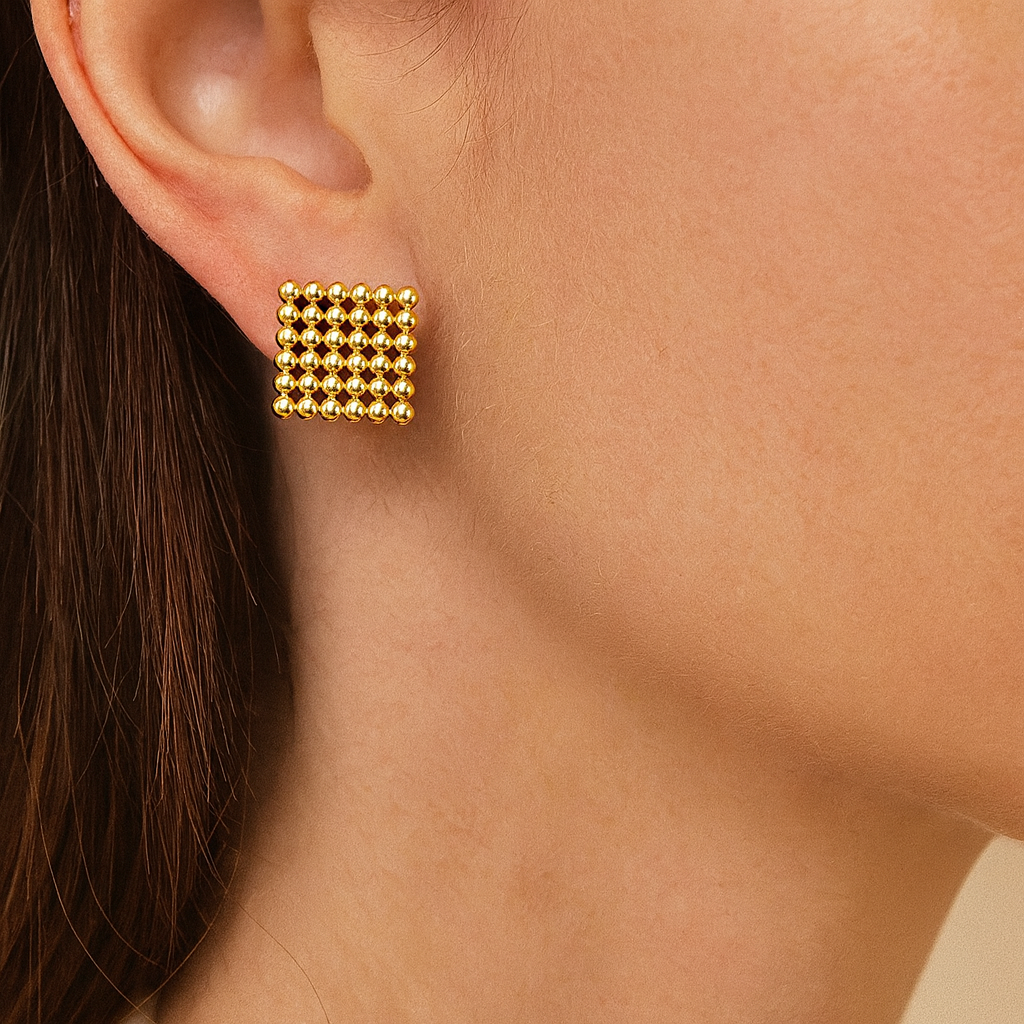 Many gold beads  squear stud earring