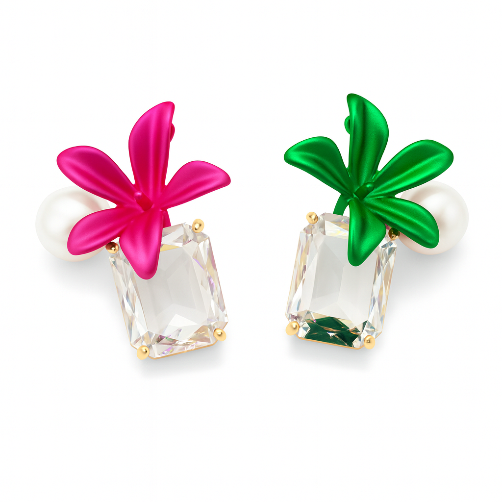 Pink & Green Flower With Gemstone Drop Earring