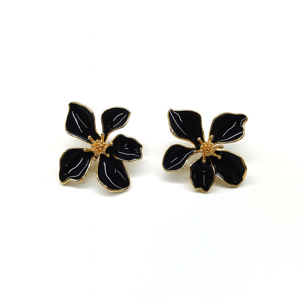 Trendy Enamel Black Alloy Flower Big Petal Earrings