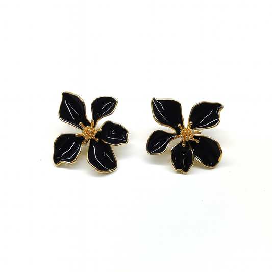 Trendy Enamel Black Alloy Flower Big Petal Earrings