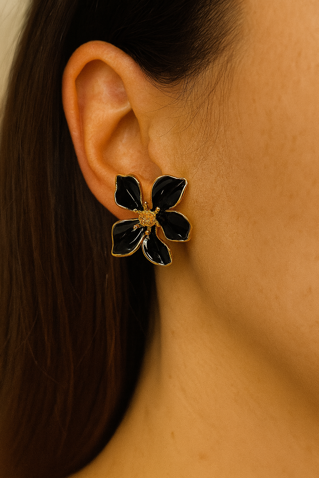 Trendy Enamel Black Alloy Flower Big Petal Earrings