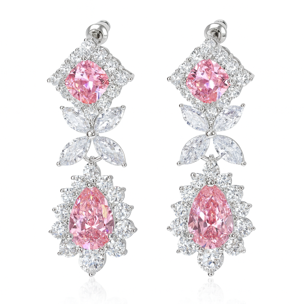 Shiny Pink Water Drop Cubic Zirconia Long Dangling Leaf Earrings