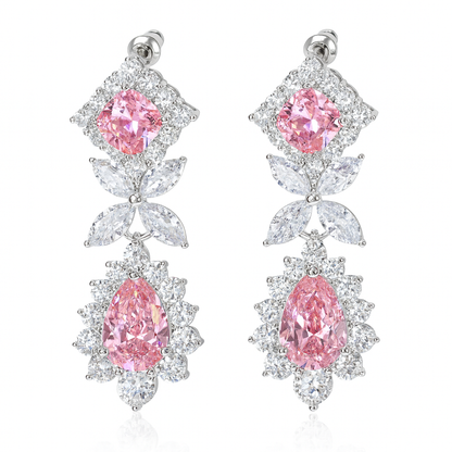 Shiny Pink Water Drop Cubic Zirconia Long Dangling Leaf Earrings