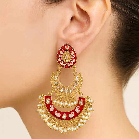 Red green jhumki with pearls