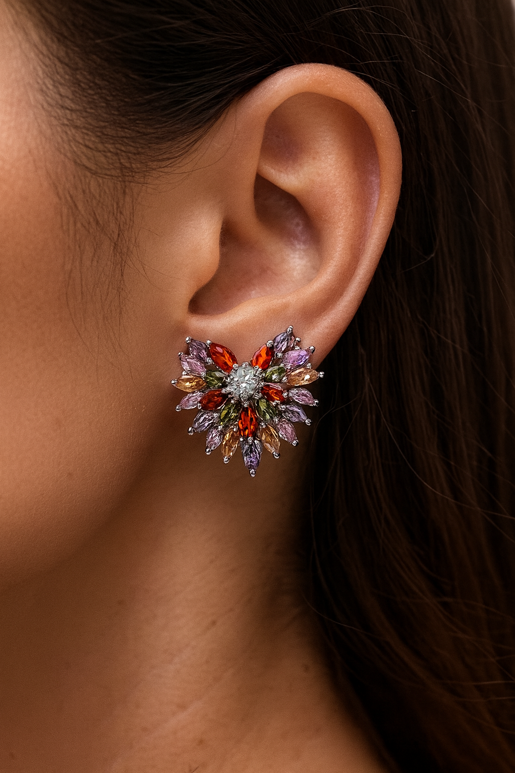 Silver plated multi colour cubic stone big heart shape stud earring for women