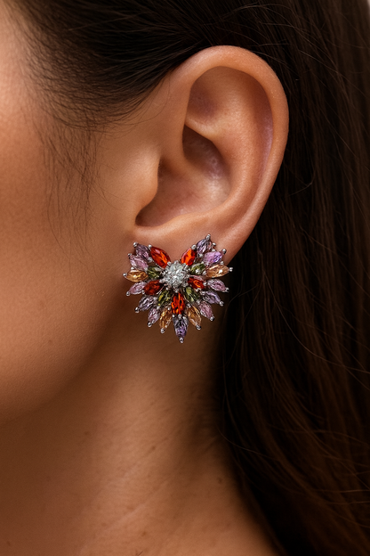 Silver plated multi colour cubic stone big heart shape stud earring for women