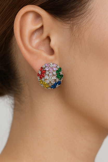 Silver Plated CZ Zirconia Multi Colour Cluster Flowers Stud Earrings for Women