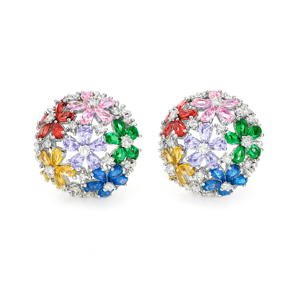 Silver Plated CZ Zirconia Multi Colour Cluster Flowers Stud Earrings for Women