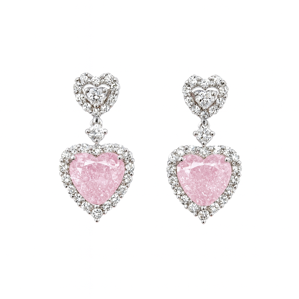 Silver Plated Heart Shape Pink Cubic Diamonds Drop Earrings