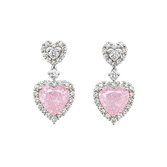 Silver Plated Heart Shape Pink Cubic Diamonds Drop Earrings
