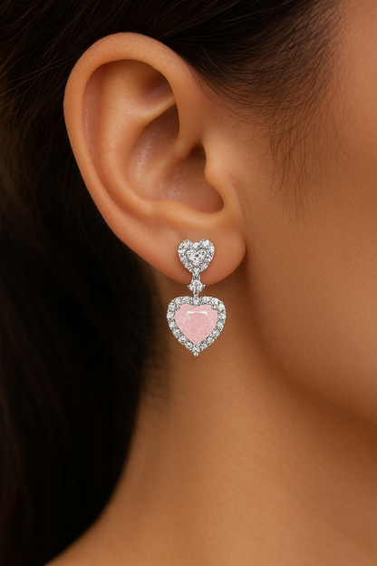 Silver Plated Heart Shape Pink Cubic Diamonds Drop Earrings