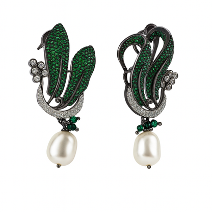 Green feather mother of pearl unique earring