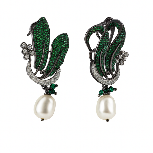 Green feather mother of pearl unique earring