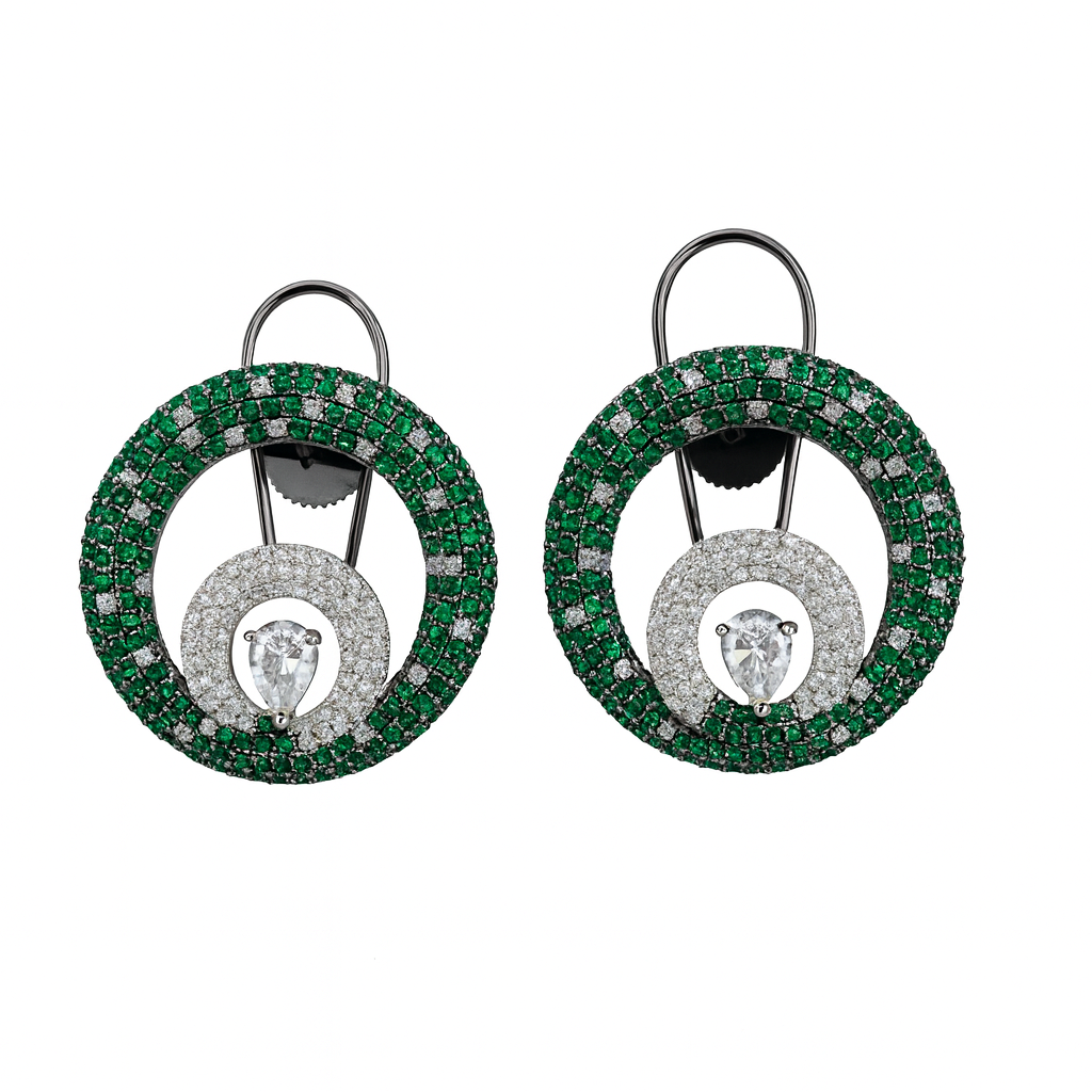 Green quartz round lock earring whit white stone
