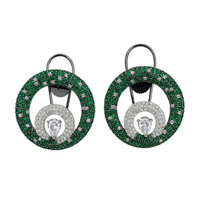 Green quartz round lock earring whit white stone