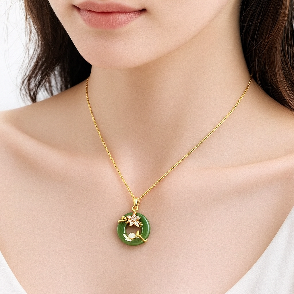 Green Colour Round Shape With Flower Design Pedant With Gold Chain Necklace