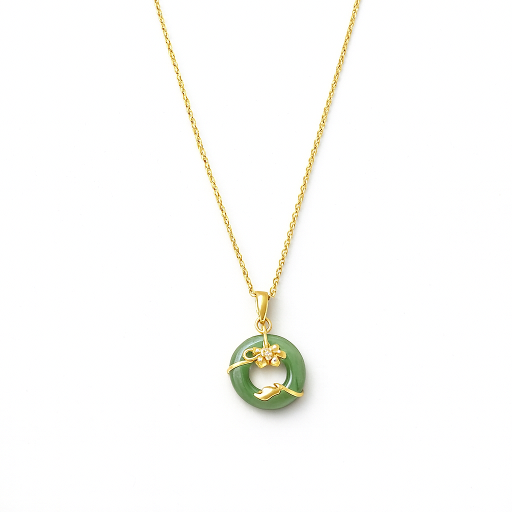Green Colour Round Shape With Flower Design Pedant With Gold Chain Necklace
