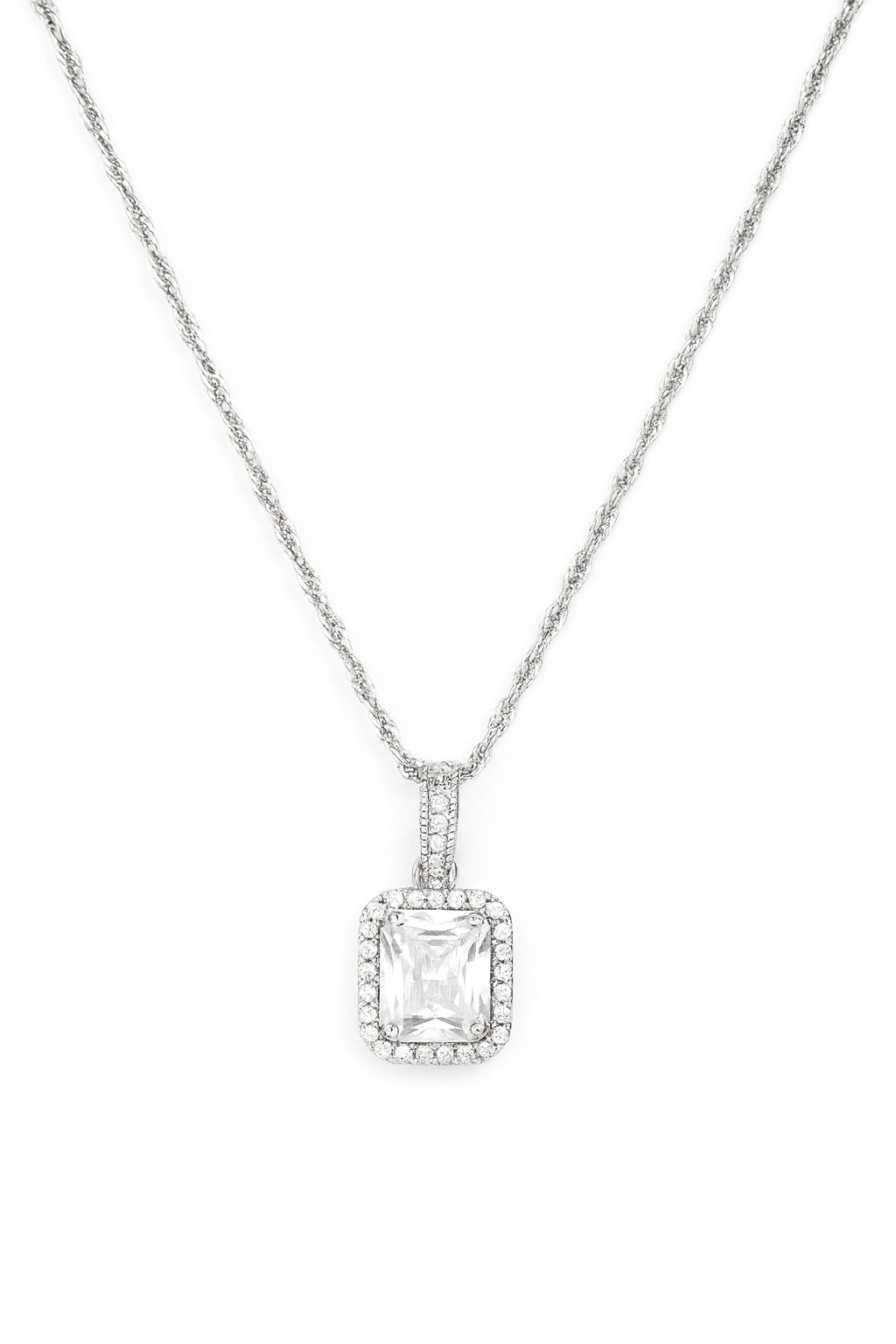 Silver Plated Rectangle Shape Simple Diamond Pendent Necklace