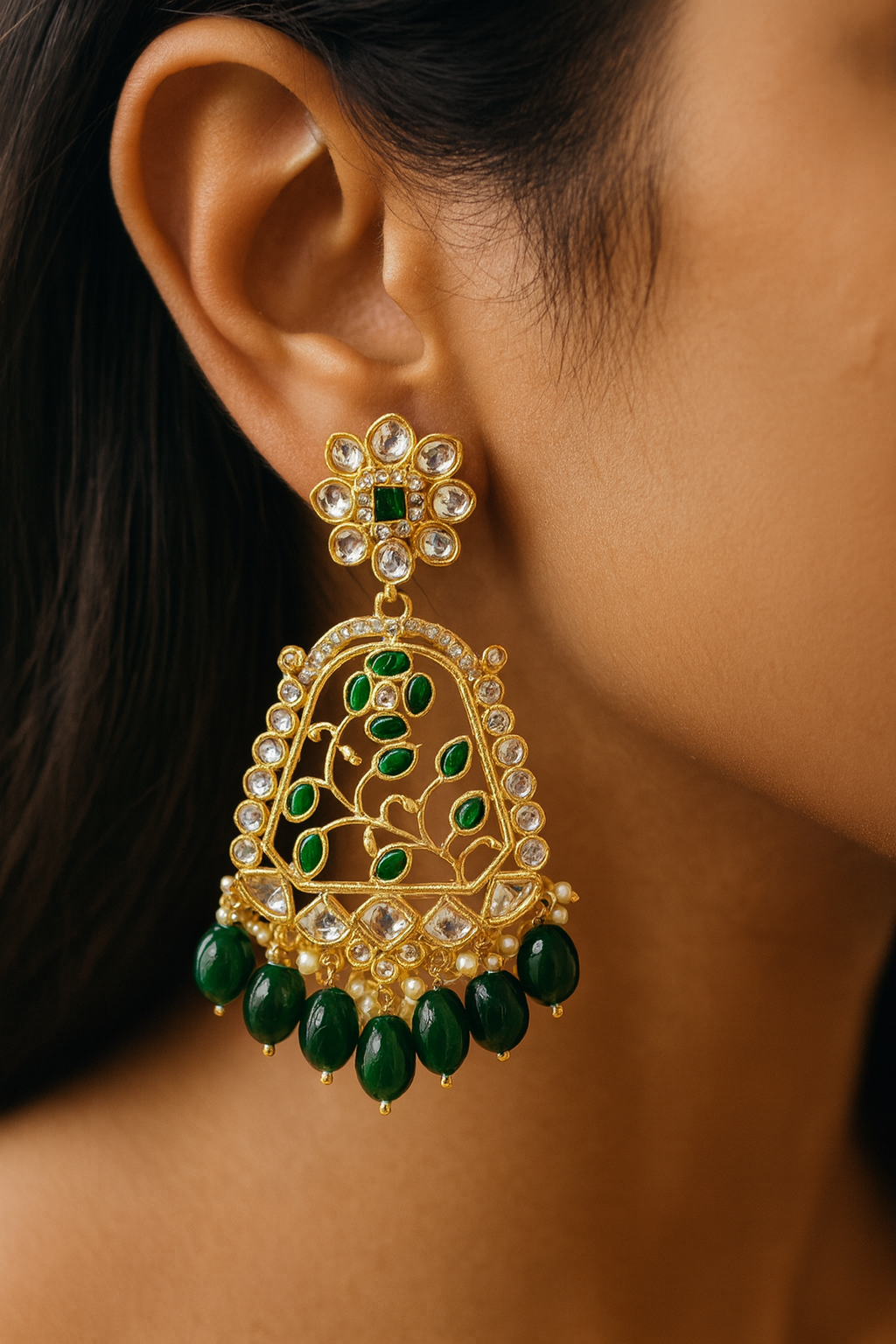 Square Shape Kundan Stylish Ethic Earring With Green Pearls