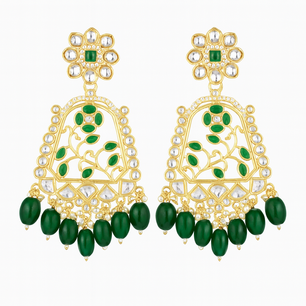 Square Shape Kundan Stylish Ethic Earring With Green Pearls