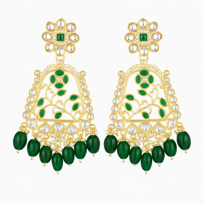 Square Shape Kundan Stylish Ethic Earring With Green Pearls