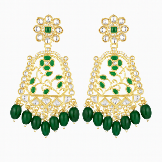 Square Shape Kundan Stylish Ethic Earring With Green Pearls