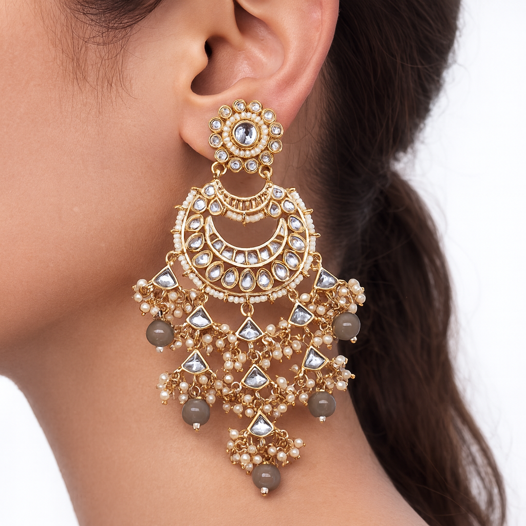 Latest Design Jhumka Kundan Earrings With Grey Pearls