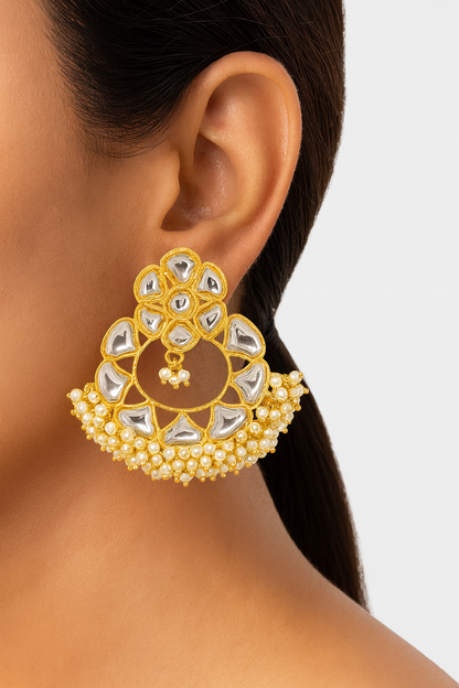 Traditional Chand Bali Kundan Hoop Earrings With Pearls