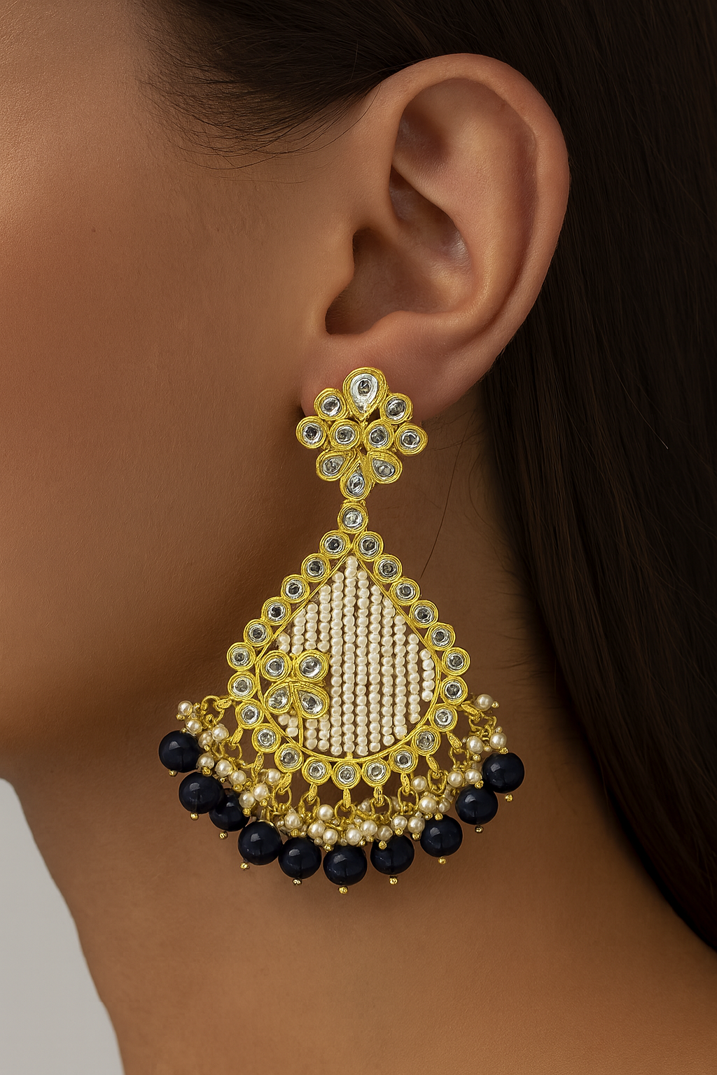 Traditional Kundan Design With Blue Pearl Earrings