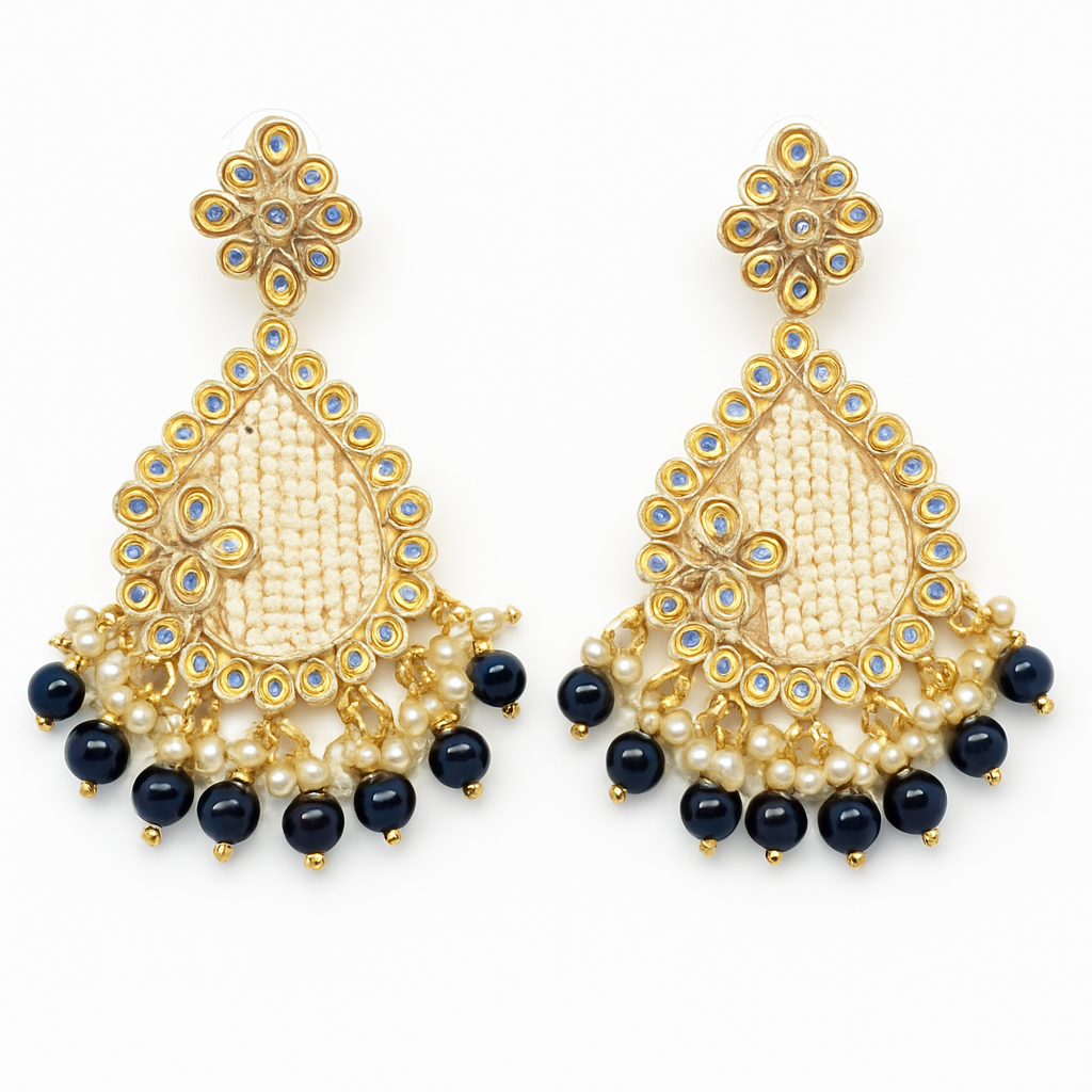 Traditional Kundan Design With Blue Pearl Earrings