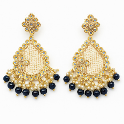Traditional Kundan Design With Blue Pearl Earrings