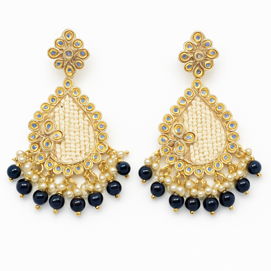 Traditional Kundan Design With Blue Pearl Earrings