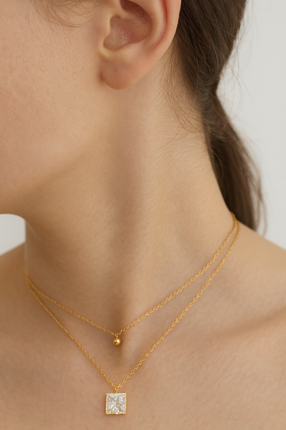 Gold Plated Square Shape Simple Diamond Pedant With Two Layer Necklace