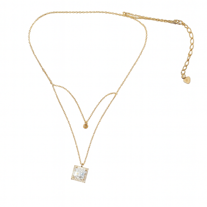 Gold Plated Square Shape Simple Diamond Pedant With Two Layer Necklace