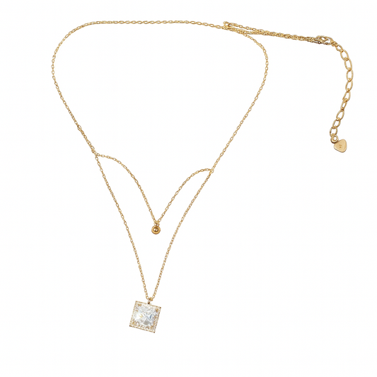 Gold Plated Square Shape Simple Diamond Pedant With Two Layer Necklace
