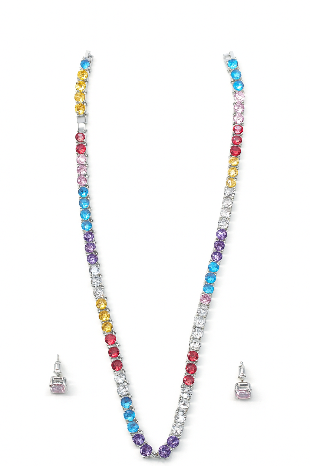 Classy rainbow colour cubic diamonds tennis chain necklace set for girls